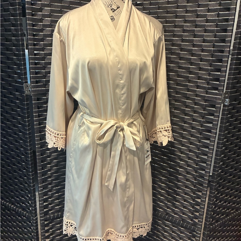 Elegant Tan color Satin Robe with Lace Trim